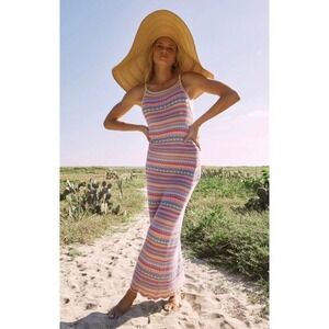 Z Supply Santa Cruz Stripe Crochet Midi Dress in Rasberry Sorbet SZ L Beach Boho